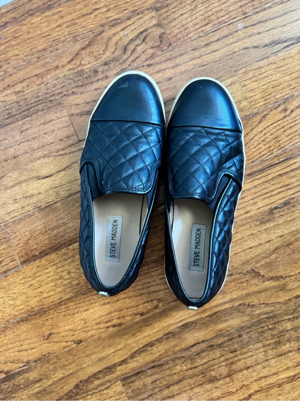 Steve Madden Black Quilted Slip-On Sneakers with Tan Trim